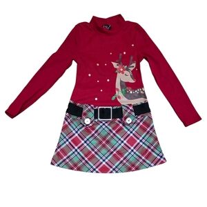 Lilt Girls Holiday Reindeer Marsha Dress Red & Green Plaid Size XS Christmas